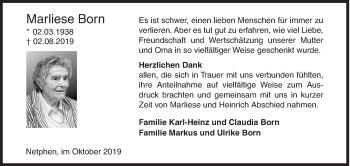 Traueranzeige von Marliese Born von Siegener Zeitung