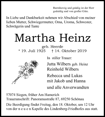 Traueranzeige von Martha Heinz von Siegener Zeitung
