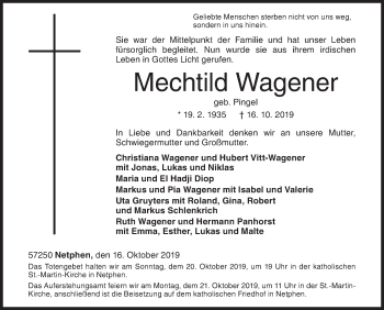 Traueranzeige von Mechtild Wagener von Siegener Zeitung