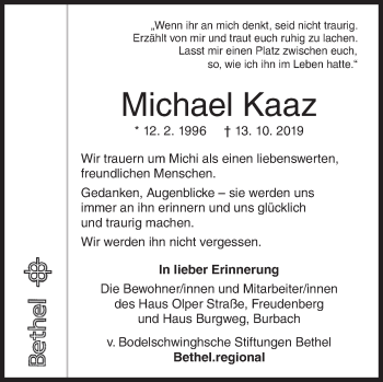 Traueranzeige von Michael Kaaz von Siegener Zeitung