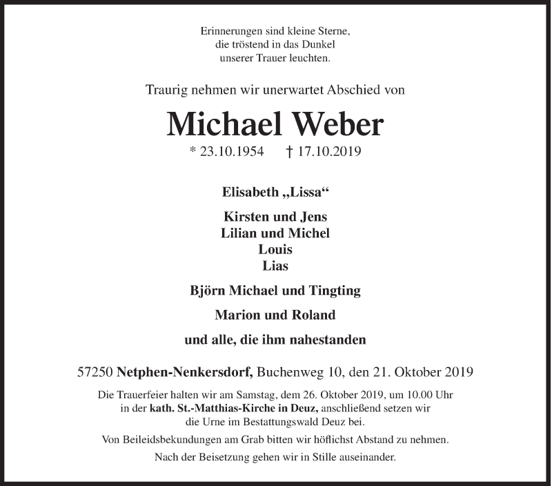 Traueranzeige für Michael Weber vom 21.10.2019 aus Siegener Zeitung
