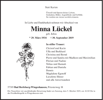 Traueranzeige von Minna Lückel von Siegener Zeitung