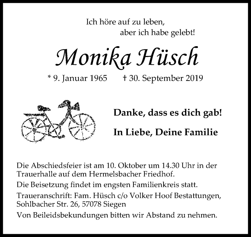  Traueranzeige für Monika Hüsch vom 08.10.2019 aus Siegener Zeitung