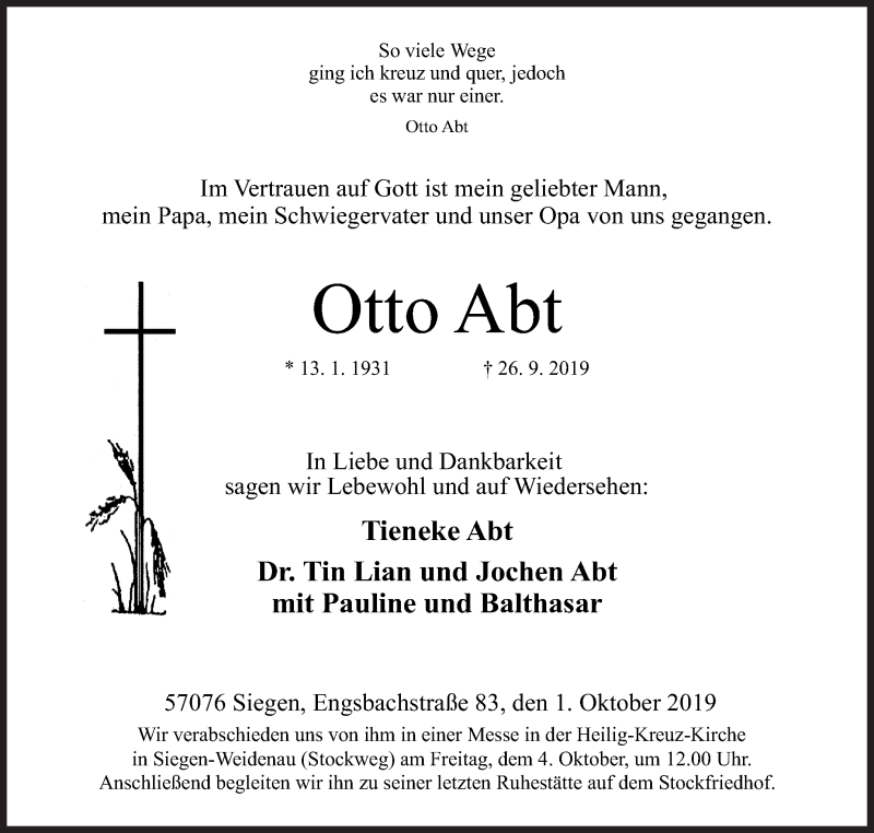  Traueranzeige für Otto Abt vom 01.10.2019 aus Siegener Zeitung