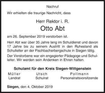 Traueranzeige von Otto Abt von Siegener Zeitung