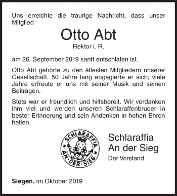 Traueranzeige von Otto Abt von Siegener Zeitung