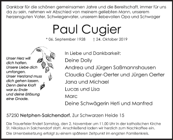 Traueranzeige von Paul Cugier von Siegener Zeitung