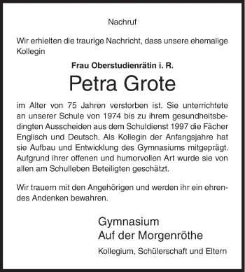 Traueranzeige von Petra Grote von Siegener Zeitung