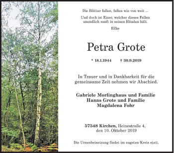 Traueranzeige von Petra Grote von Siegener Zeitung