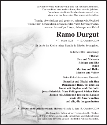 Traueranzeige von Ramo Durgut von Siegener Zeitung