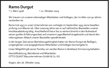 Traueranzeige von Ramo Durgut von Siegener Zeitung