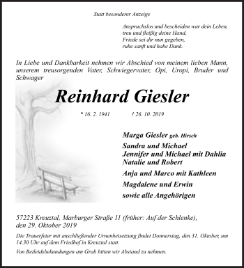 Traueranzeige von Reinhard Giesler von Siegener Zeitung