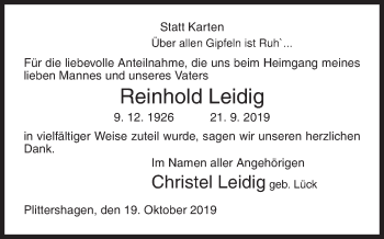 Traueranzeige von Reinhold Leidig von Siegener Zeitung
