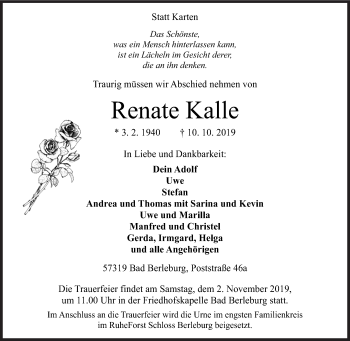Traueranzeige von Renate Kalle von Siegener Zeitung