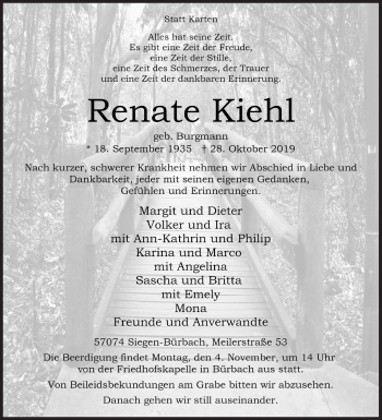 Traueranzeige von Renate Kiehl von Siegener Zeitung