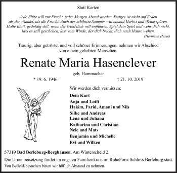 Traueranzeige von Renate Maria Hasenclever von Siegener Zeitung