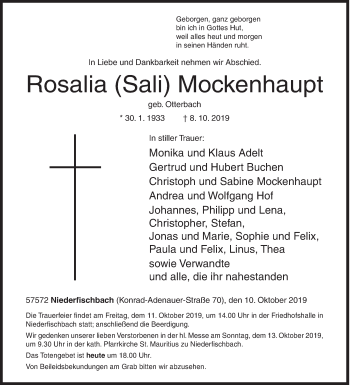 Traueranzeige von Rosalia Mockenhaupt von Siegener Zeitung