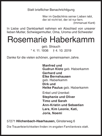 Traueranzeige von Rosemarie Haberkamm von Siegener Zeitung