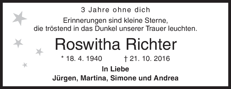  Traueranzeige für Roswitha Richter vom 21.10.2019 aus Siegener Zeitung
