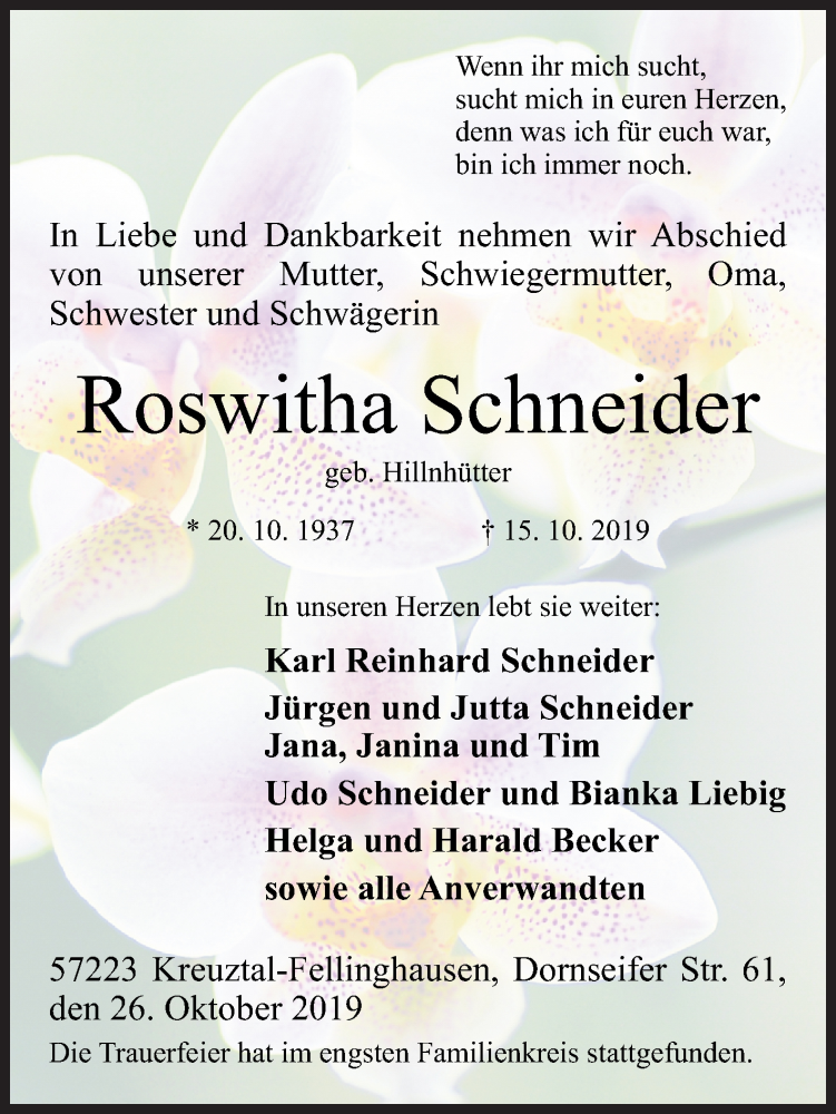  Traueranzeige für Roswitha Schneider vom 26.10.2019 aus Siegener Zeitung