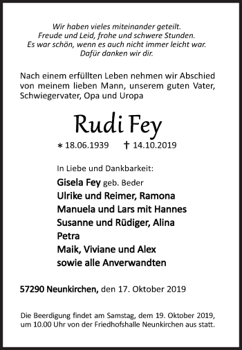 Traueranzeige von Rudi Fey von Siegener Zeitung
