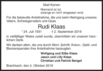 Traueranzeige von Rudi Klaas von Siegener Zeitung