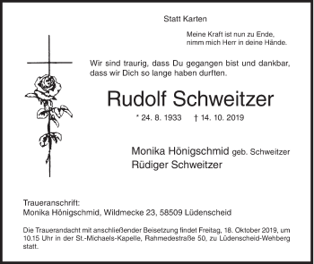 Traueranzeige von Rudolf Schweitzer von Siegener Zeitung