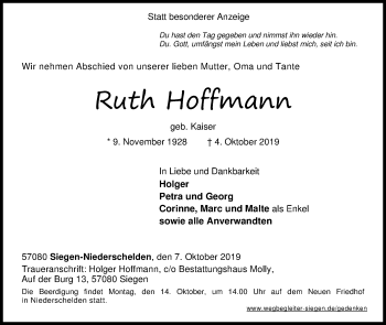 Traueranzeige von Ruth Hoffmann von Siegener Zeitung