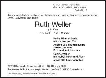 Traueranzeige von Ruth Weller von Siegener Zeitung