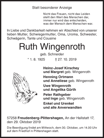 Traueranzeige von Ruth Wingenroth von Siegener Zeitung
