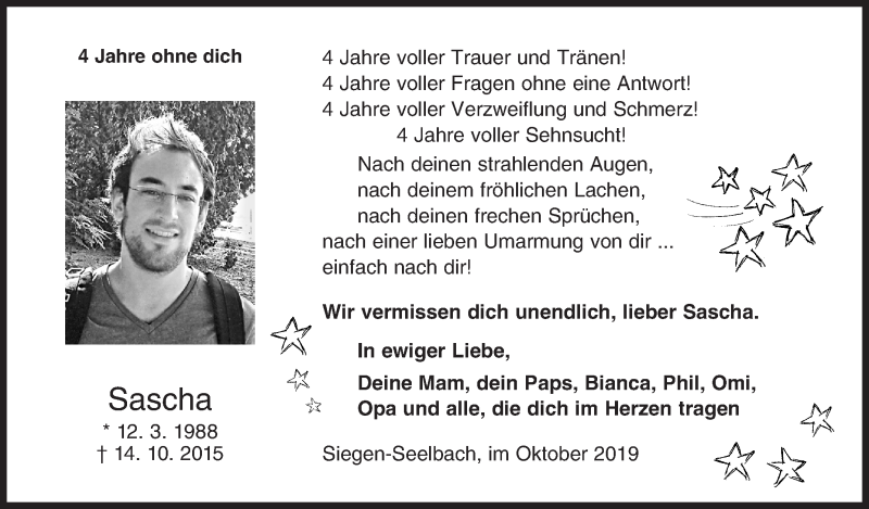  Traueranzeige für Sascha  vom 14.10.2019 aus Siegener Zeitung