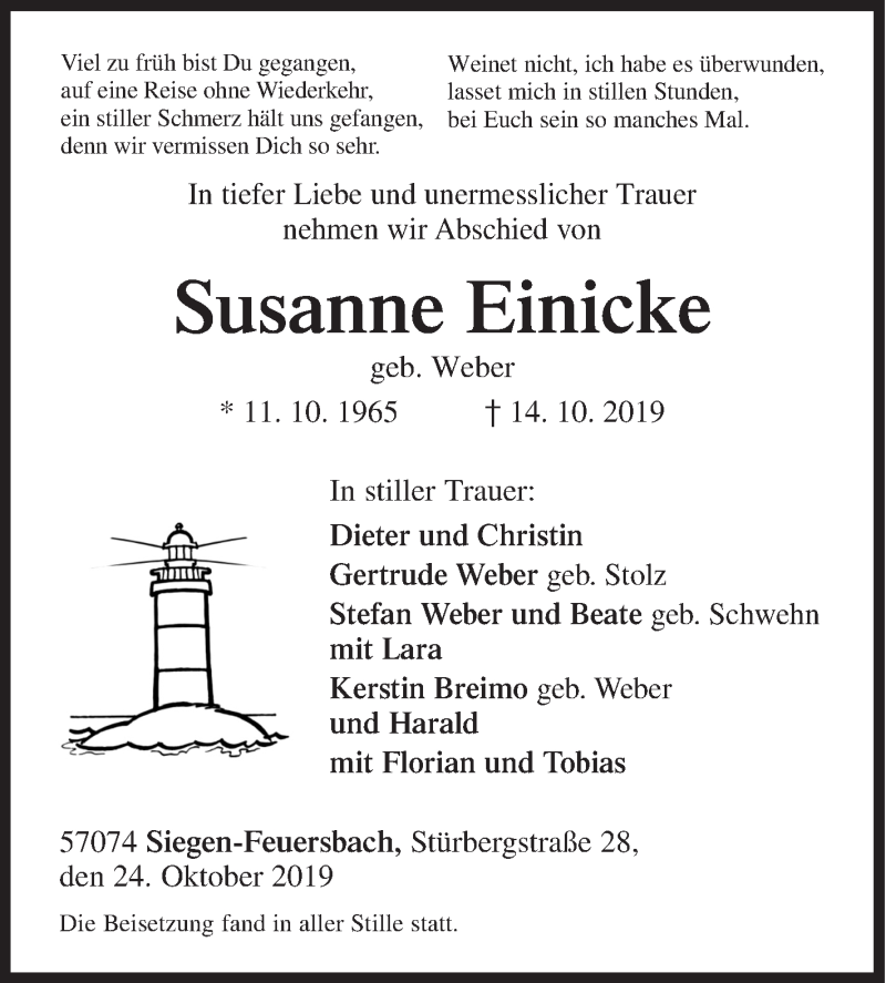  Traueranzeige für Susanne Einicke vom 24.10.2019 aus Siegener Zeitung