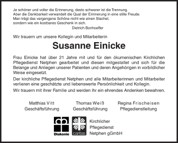 Traueranzeige von Susanne Einicke von Siegener Zeitung