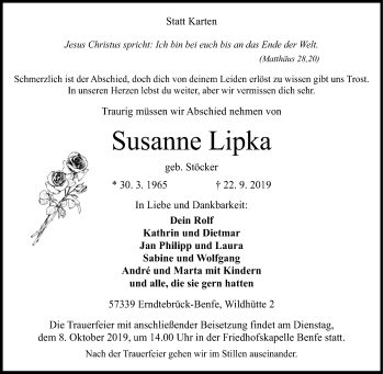 Traueranzeige von SusanneLipka Lipka von Siegener Zeitung