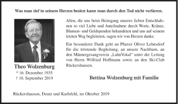 Traueranzeige von Theo Wolzenburg von Siegener Zeitung
