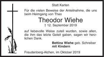 Traueranzeige von Theodor Wiehe von Siegener Zeitung