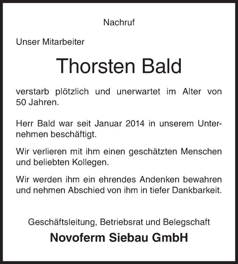  Traueranzeige für Thorsten Bald vom 07.10.2019 aus Siegener Zeitung