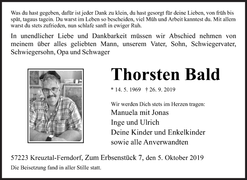  Traueranzeige für Thorsten Bald vom 05.10.2019 aus Siegener Zeitung