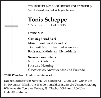 Traueranzeige von Tonis Scheppe von Siegener Zeitung