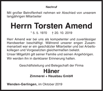 Traueranzeige von Torsten Amend von Siegener Zeitung