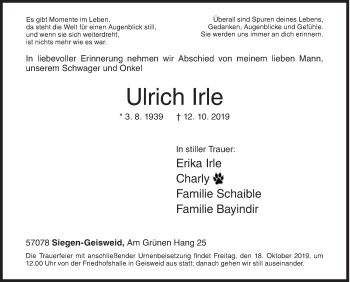 Traueranzeige von Ulrich Irle von Siegener Zeitung