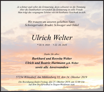 Traueranzeige von Ulrich Welter von Siegener Zeitung