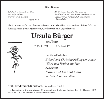 Traueranzeige von Ursula Bürger von Siegener Zeitung