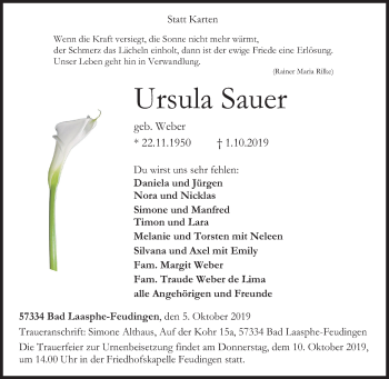 Traueranzeige von Ursula Sauer von Siegener Zeitung