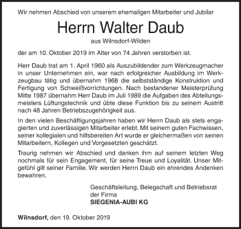 Traueranzeige von Walter Daub von Siegener Zeitung