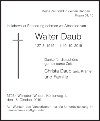 Traueranzeige von Walter Daub von Siegener Zeitung