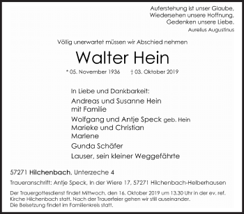 Traueranzeige von Walter Hein von Siegener Zeitung