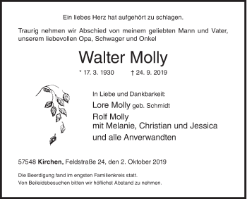 Traueranzeige von Walter Molly von Siegener Zeitung
