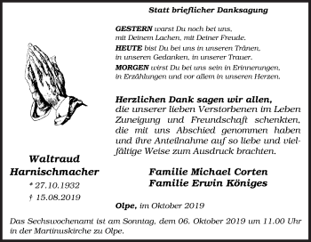 Traueranzeige von Waltraud Harnischmacher von Siegener Zeitung