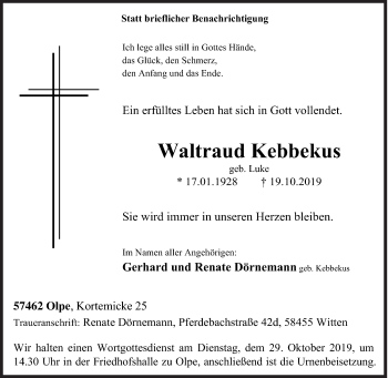 Traueranzeige von Waltraud Kebbekus von Siegener Zeitung